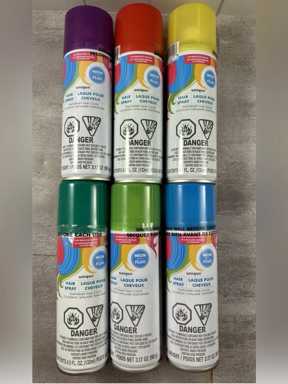 Neon Spray Temporary Hair Colors - Lot of 6 Multi Size Unique Neon Hair Spray